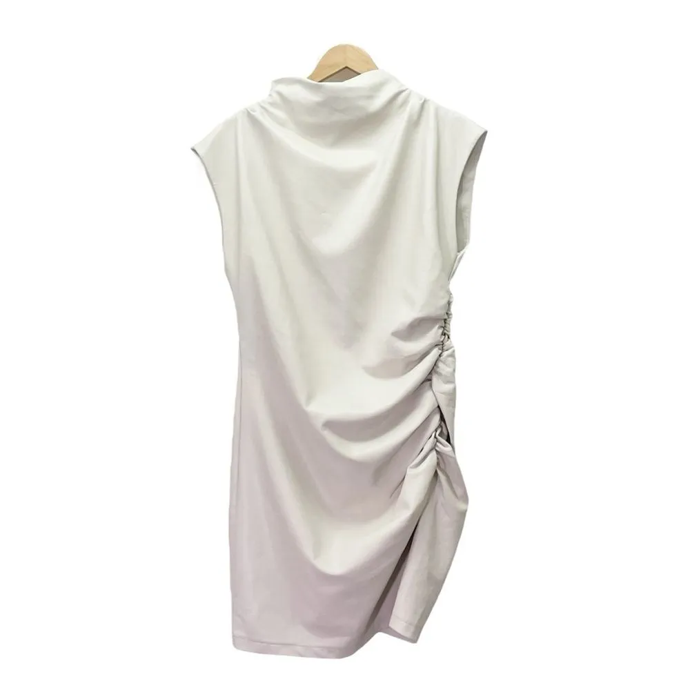 NWT Anthropologie Maya Faux Leather Mini Dress Size 12 Cream Cowl Neck Ruched - Image 2