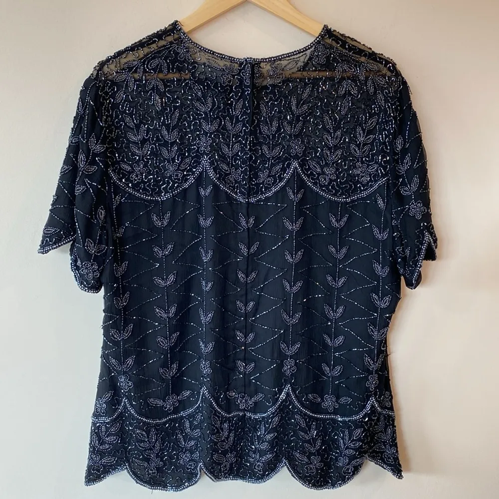 Cote d’ Azur Vintage 1980s Disco Beaded Black Sequin Short Sleeve Top Blouse XL - Image 7