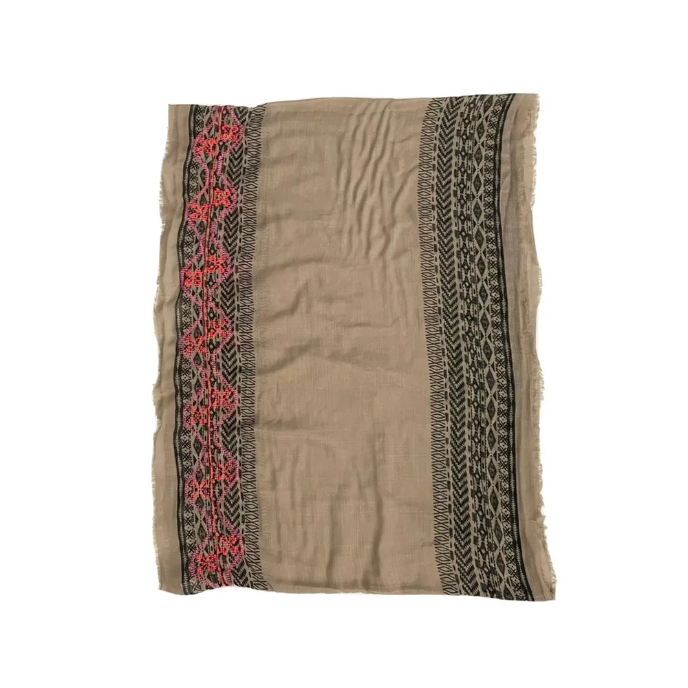 Infinity Scarf Embroidered Raw Hem Aztec Geometric Pink Coral Black Taupe Beige Tan - Image 6