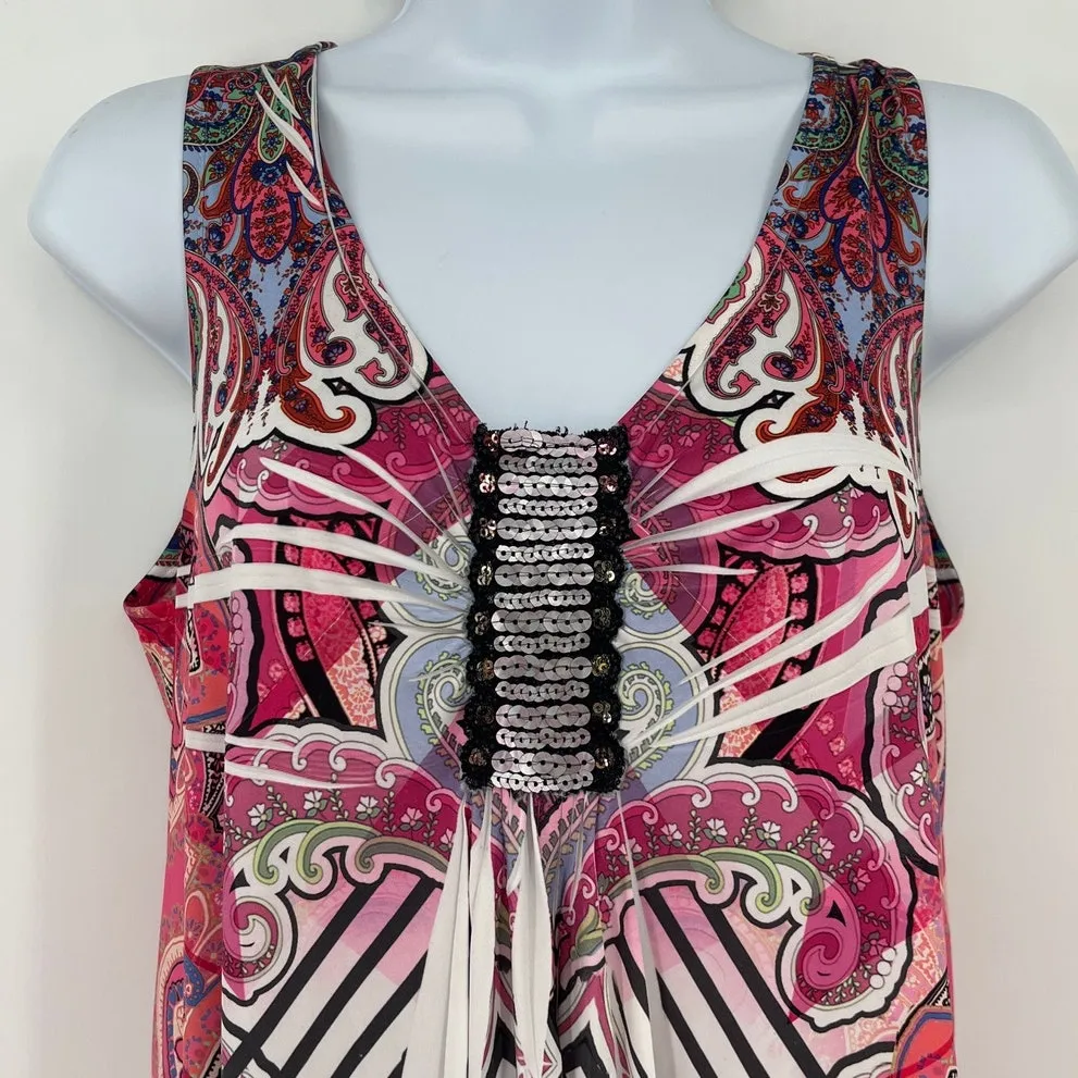 Unity World Y2K Babydoll Top Sz M Boho Fairy Grunge Tunic Pleated Sequin Paisley Pink Size M - Image 2