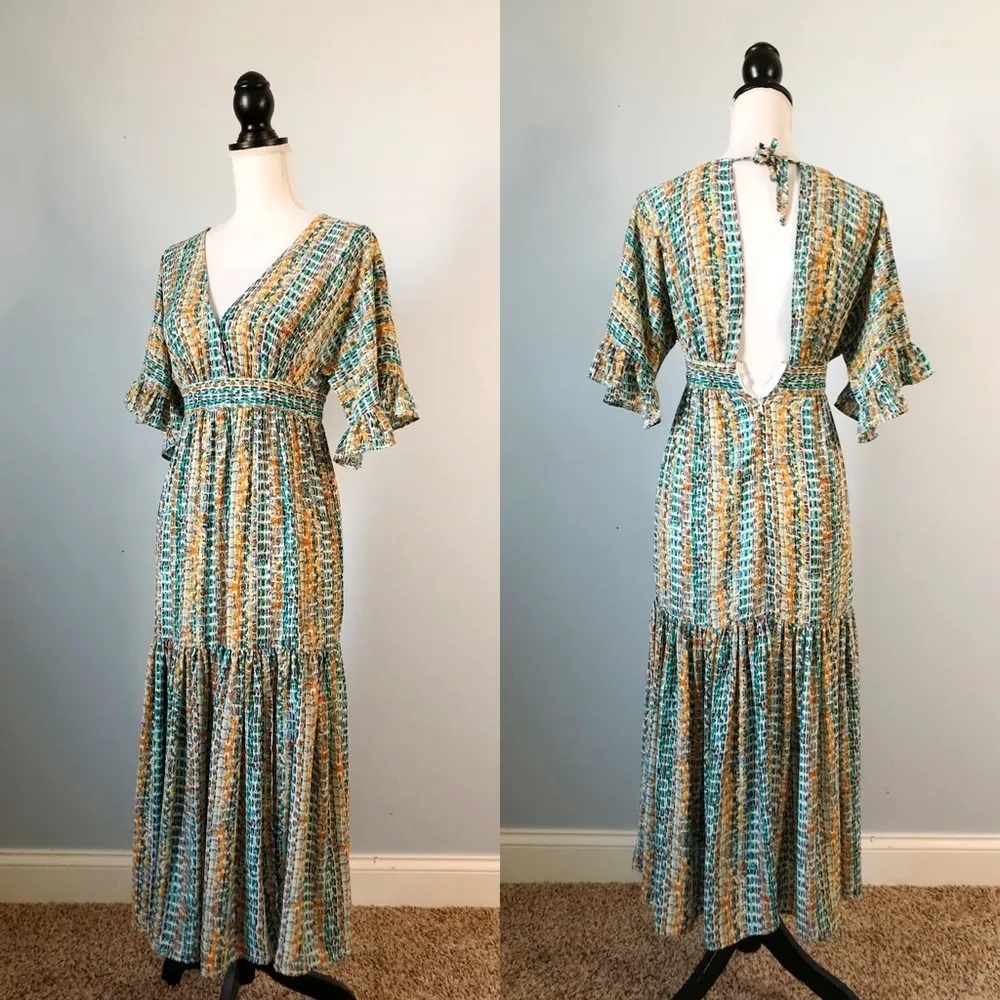 EXPRESS x ROCKY BARNES | Printed Boho Open Back Flounce Maxi Dress Sz XXS - Image 4