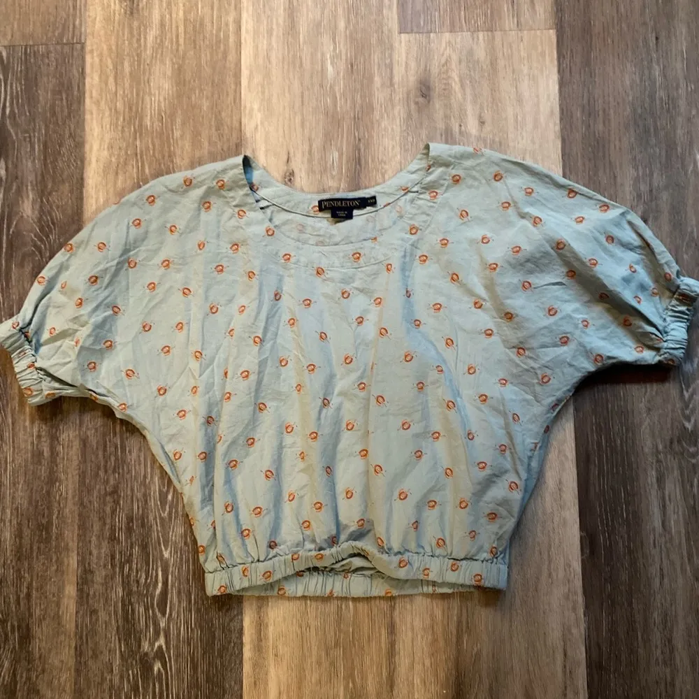 Pendleton Cap Sleeve Crop Blue Blouse Floral XXS Boho Cottagecore Prairie Granny - Image 3
