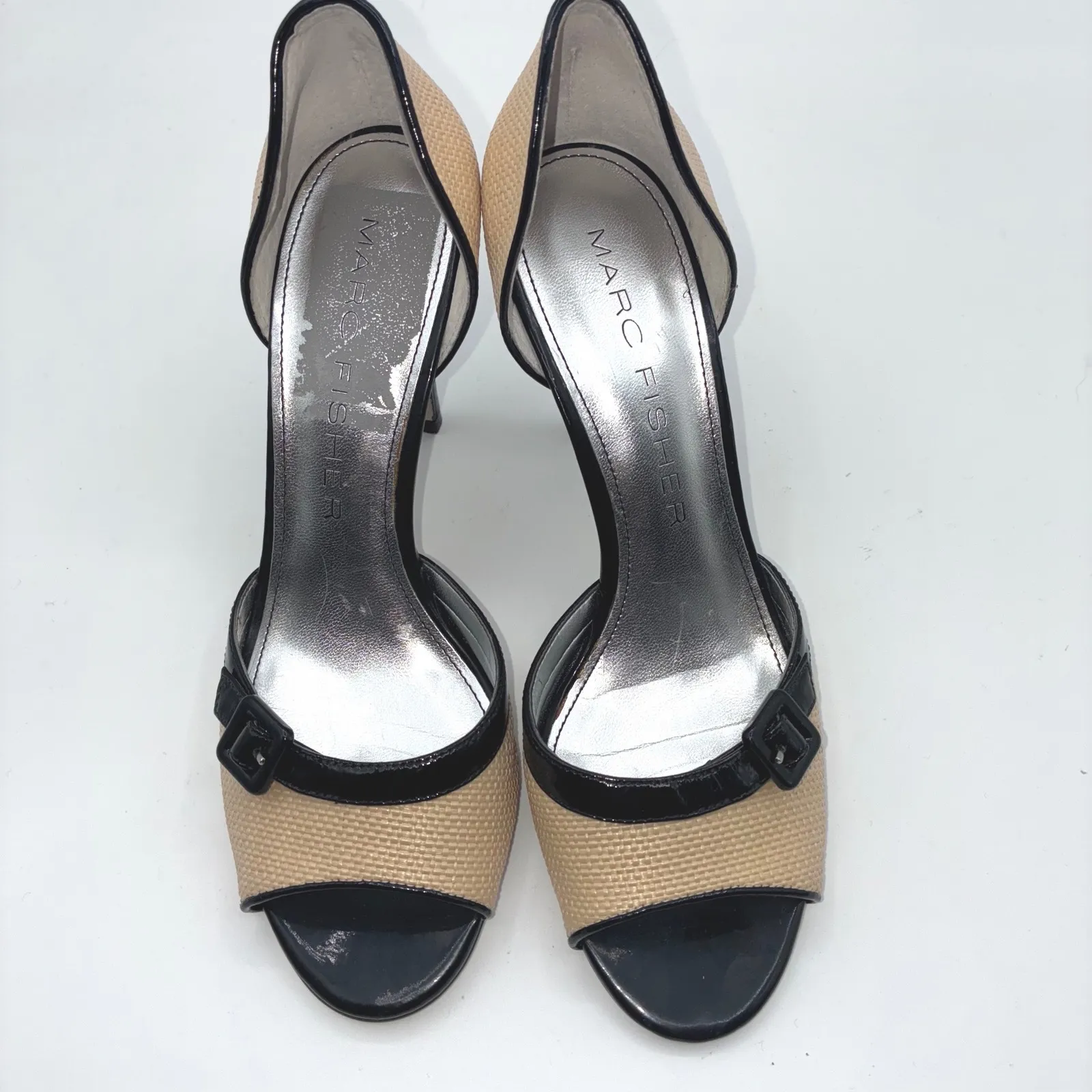 Marc Fisher Peep Toe Heels Tan Woven Black Patent Stiletto Women Size 6 Chic - Image 3