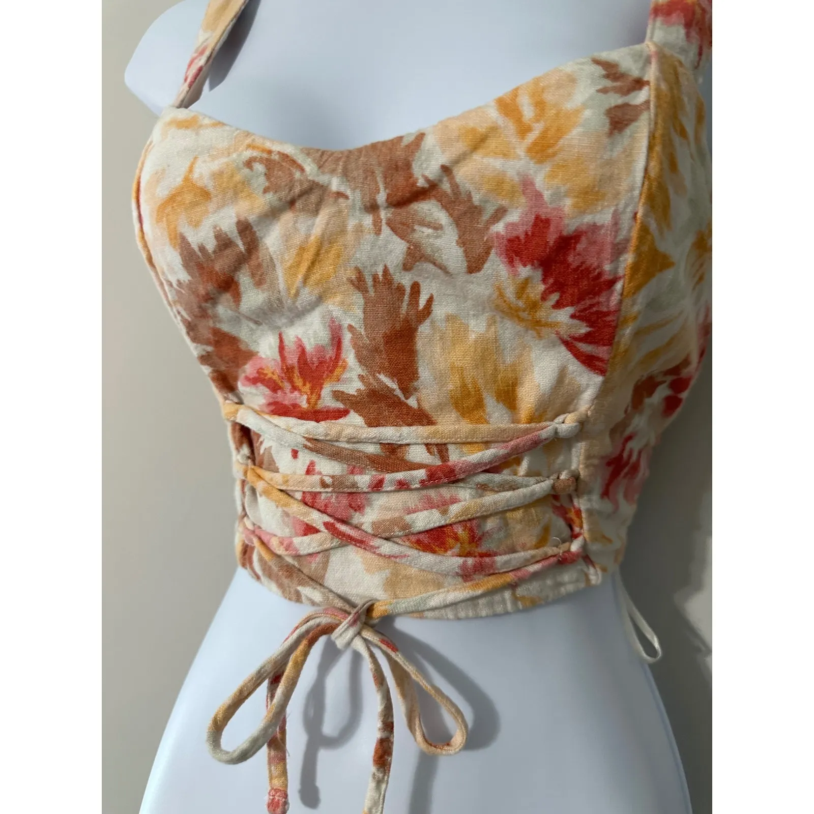 Abercrombie & Fitch Linen Blend Floral Corset Crop Top Smocked Back Lace Up Sz S - Image 2