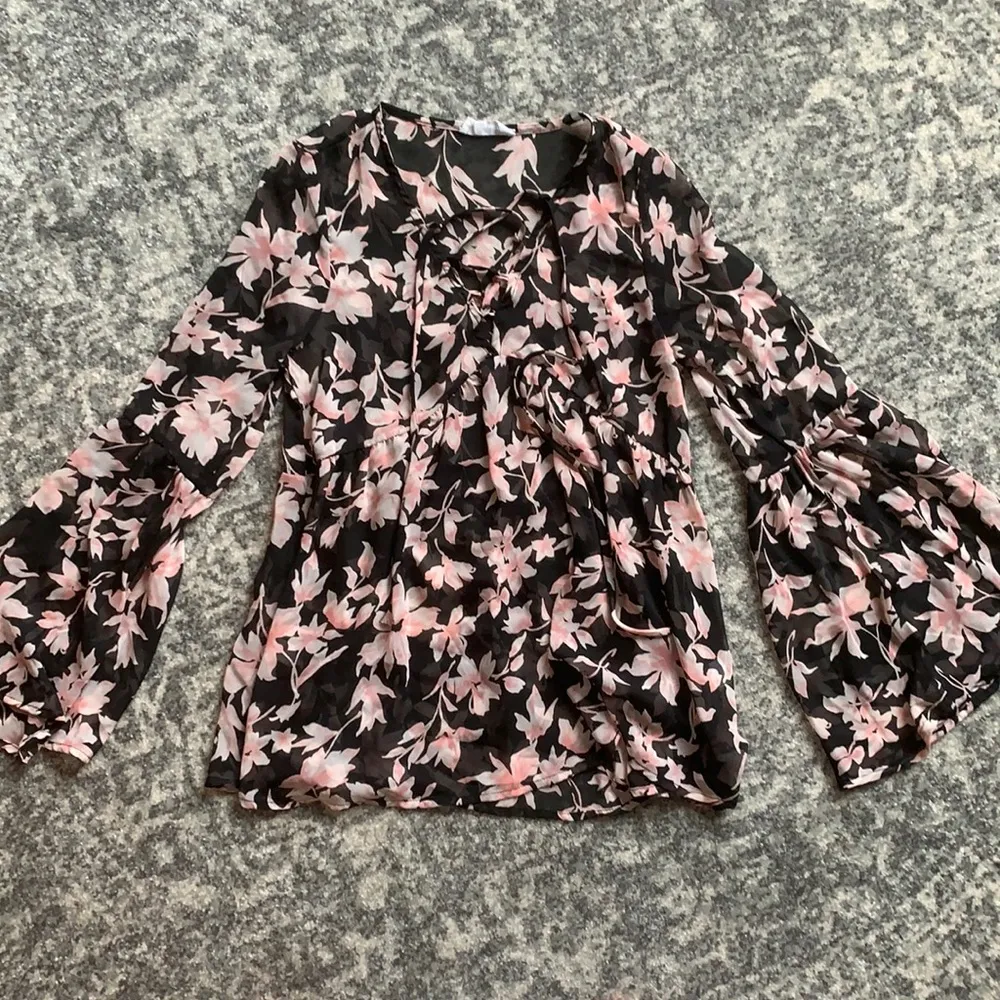 Peach Love California Sheer Floral Lace-Up Long Sleeve Blouse - Image 2