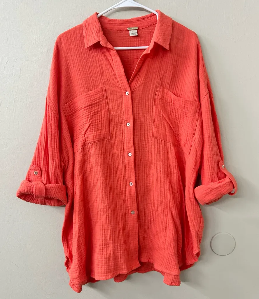 Magaschoni Organic Cotton Button Shirt Orange Roll Sleeve Oversized Sz L - Image 1