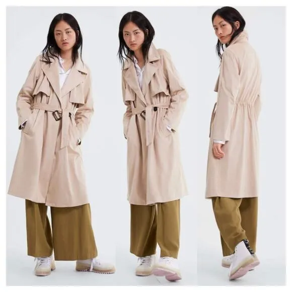 Zara Tan Trench Coat XS Faux Suede Double Breasted Belted Classic Mid Length - Image 2