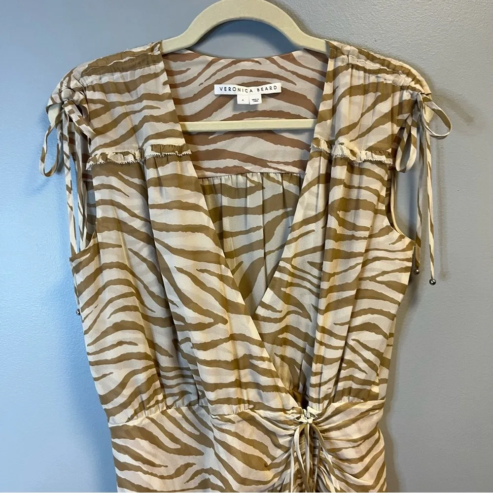 Veronica Beard Dress Silk Soheyla Ruched Zebra Mini Dress Sz 4 EUC Tan & White - Image 11
