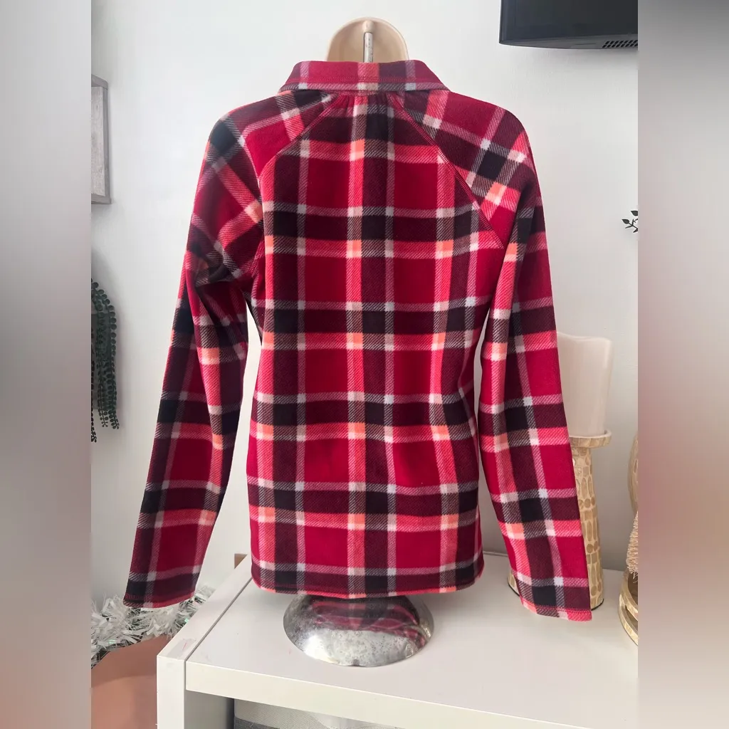 Eddie Bauer Red and Pink Plaid Fleece Pullover - Image 2