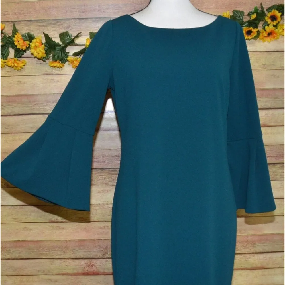 Eliza J Ladies 10 Green Sheath Midi Dress Bell Sleeves Stretch Career Night Out - Image 3