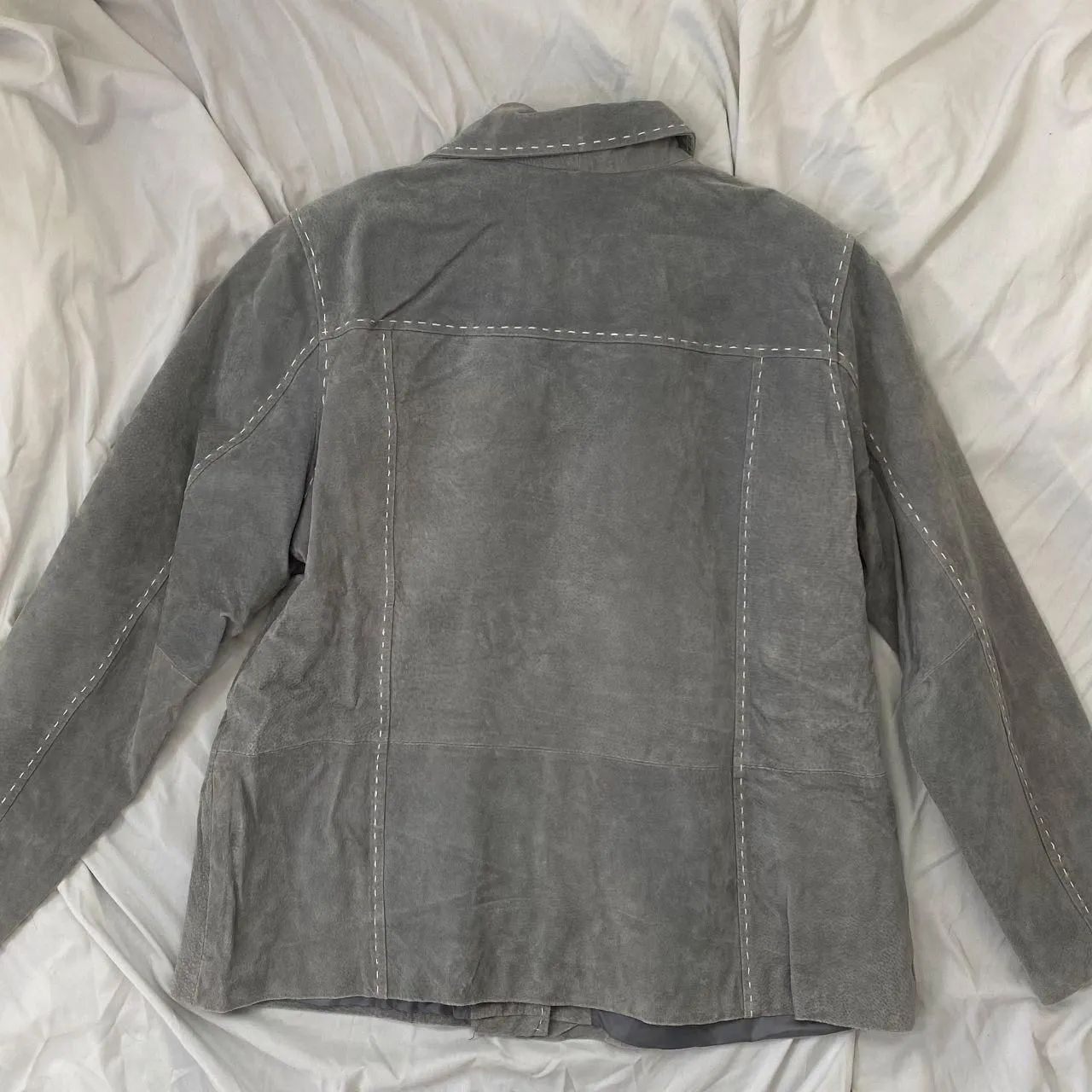 Denim&Co Vintage Light Gray Accent Stitching Suede Tailored Leather Jacket XL - Image 7