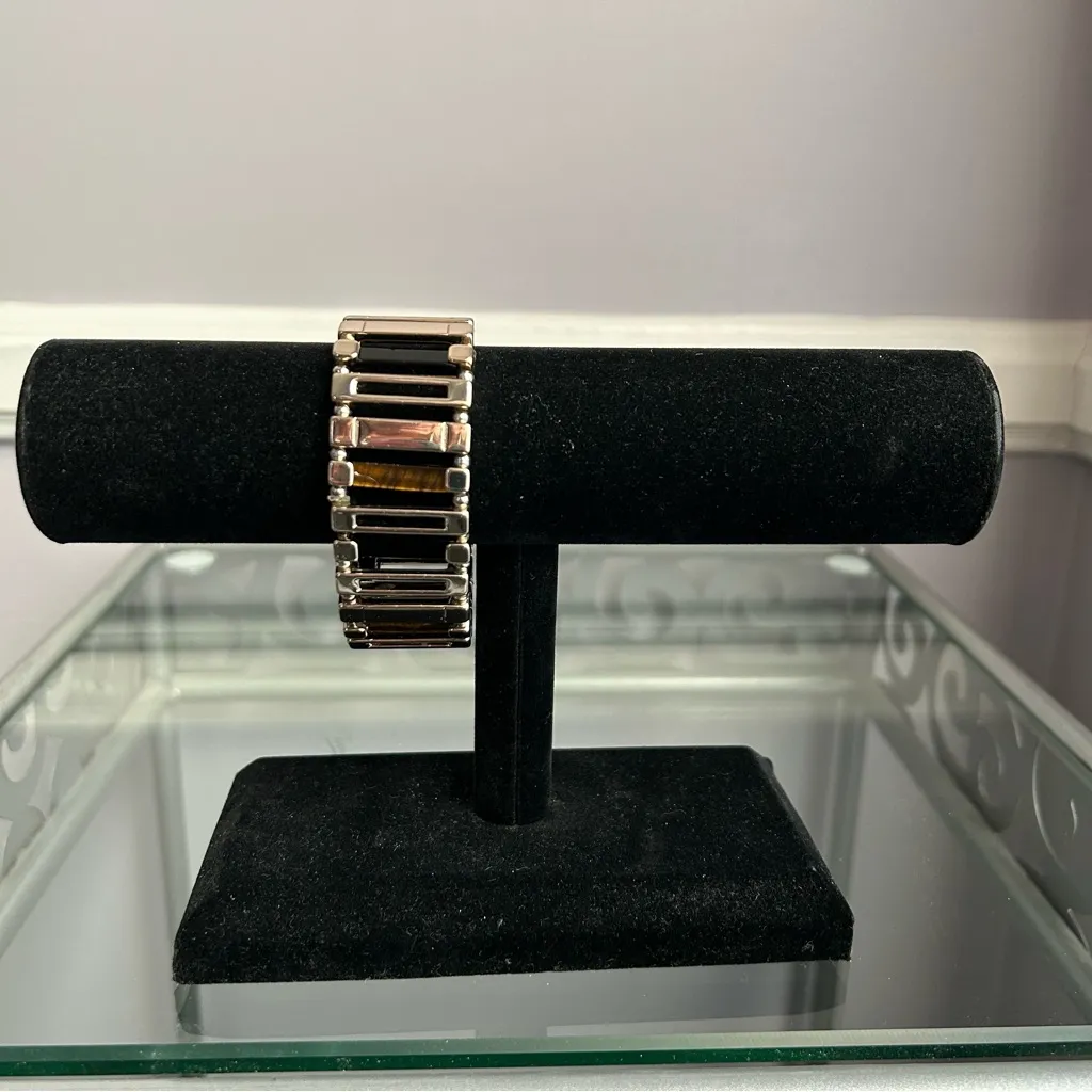 White House Black Market black glass and tiger eye goldtone stretch bracelet - Image 3