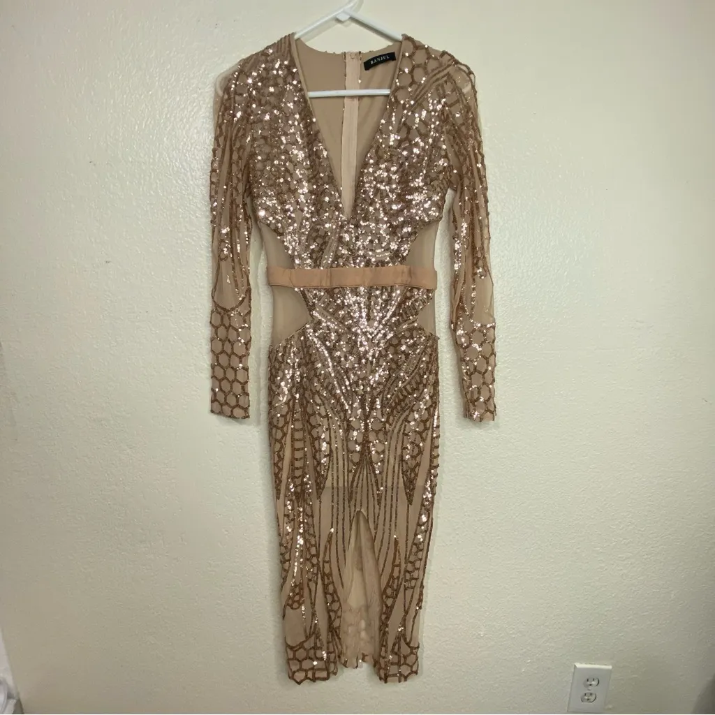 Banjul Sequined Nude Bronze‎ Midi Cocktail Dress Party Birthday Size Small - Image 2