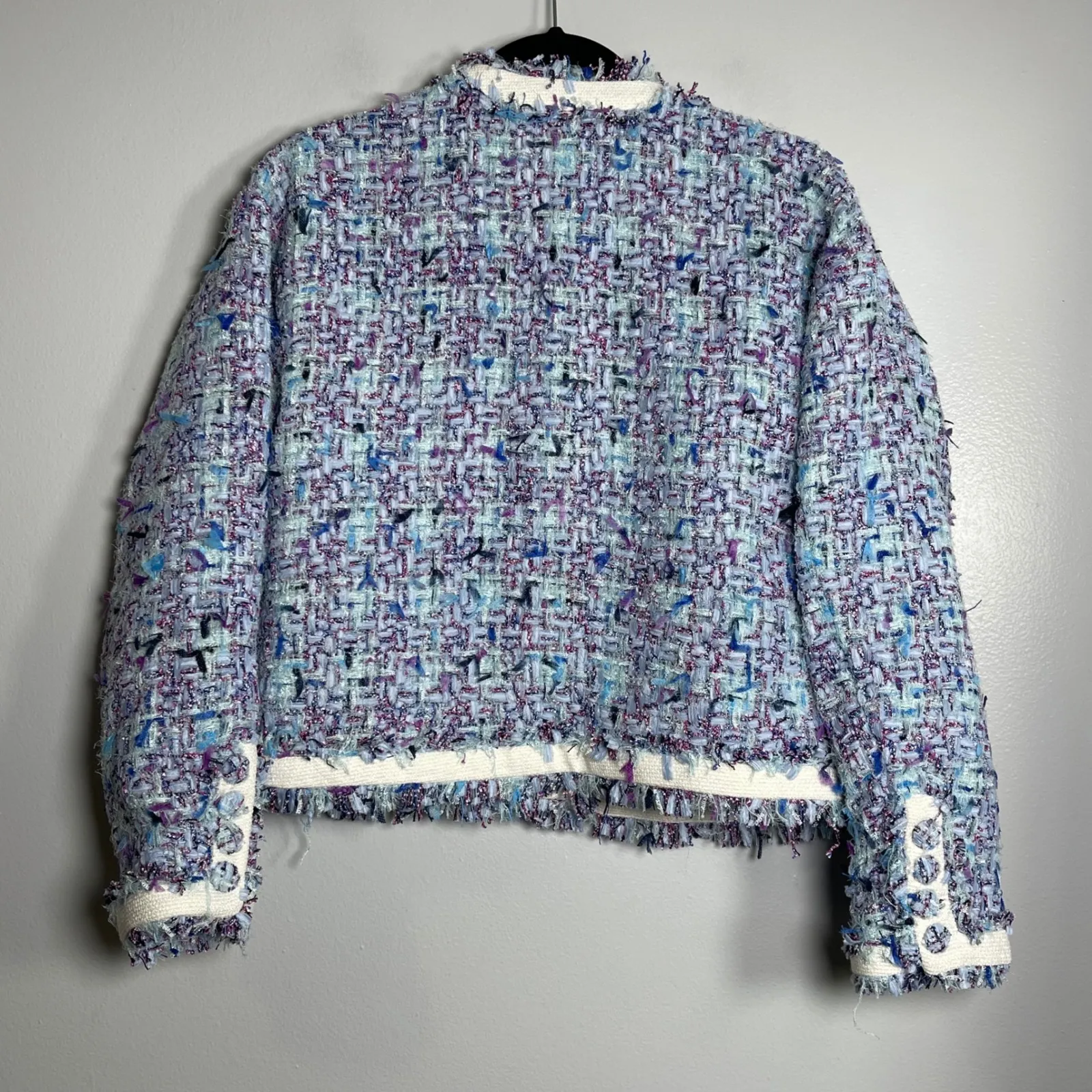 AQUA Ribbon Tweed V Neck Jacket Small Blue NEW Career Colorful Party Boho Spring - Image 5