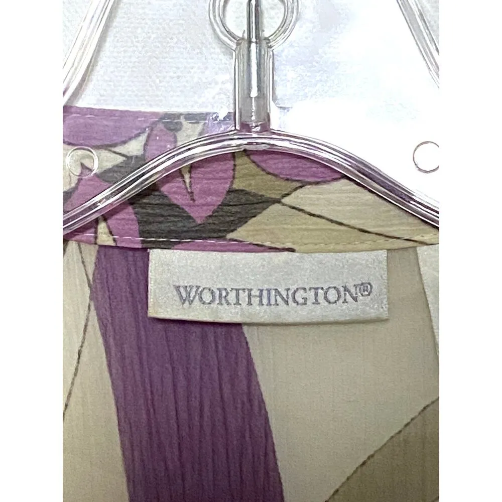 Worthington Button Blouse Floral Purple Polyester Womens 16 Sheer Sash Belt - Image 8