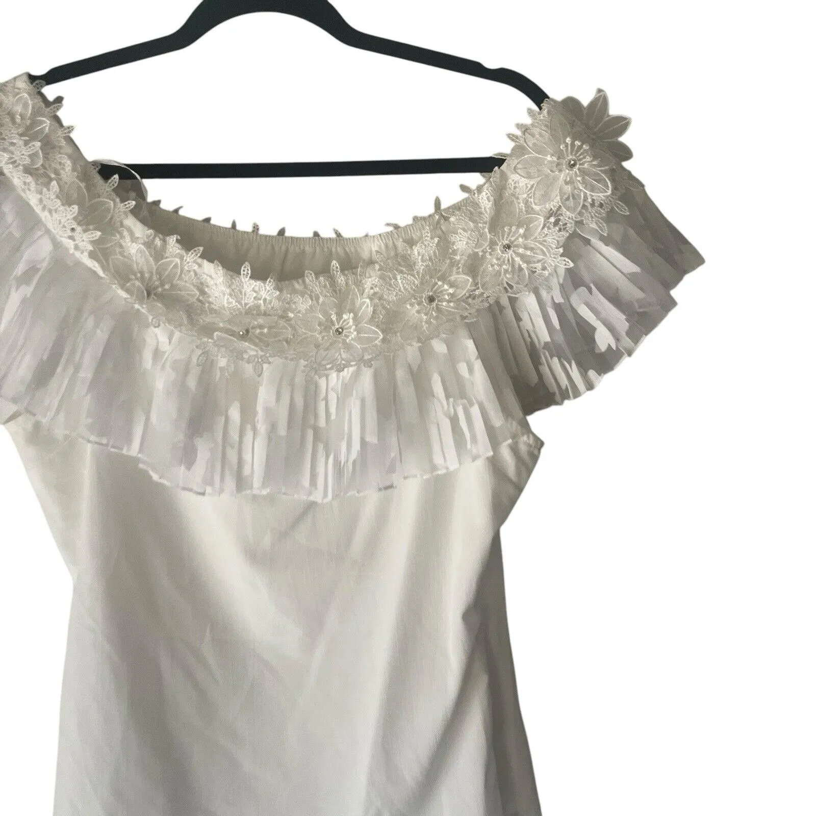 Lulumari Women's Size Large White Floral Formal Party Lace Detail Blouse‎ - Image 6