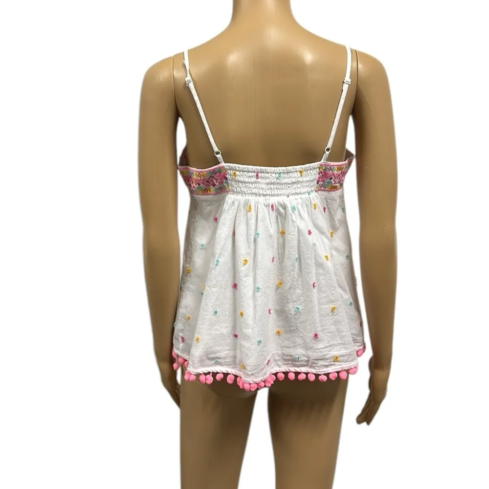 Crown & Ivy Cotton Swiss Dot Embroidered Pom Pom Spaghetti Strap Tank Top Small - Image 3