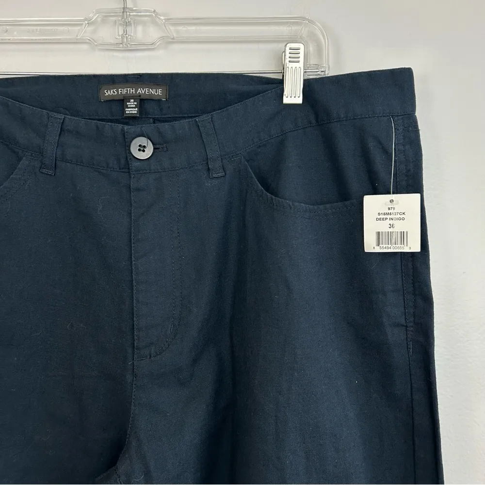 NWT Saks 5th Avenue Linen Blend Straight Leg Dark Blue Pants Size 36 - Image 4
