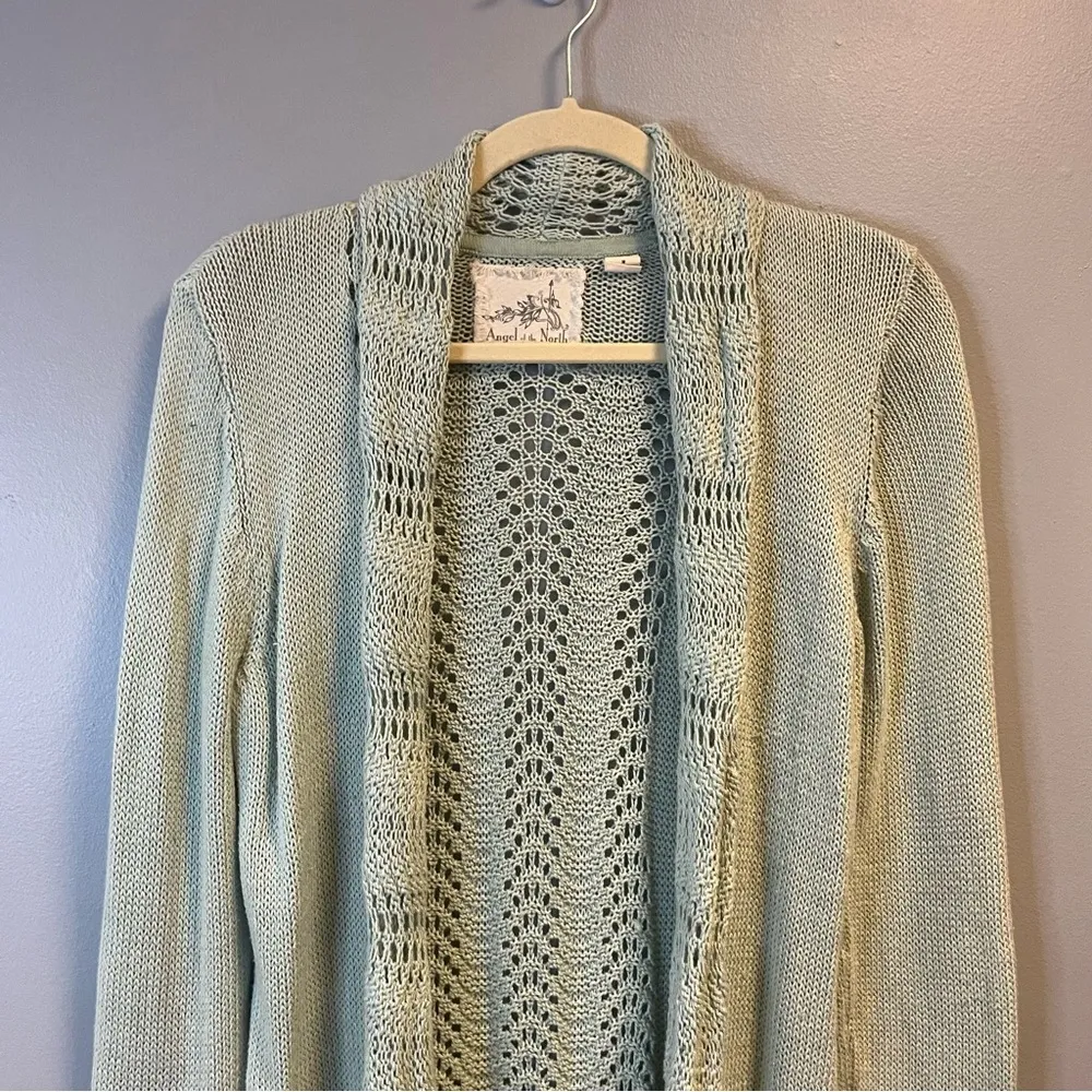 Anthropologie Cardigan Angel of the North Green Lacestitch Open Front Sz M EUC - Image 7