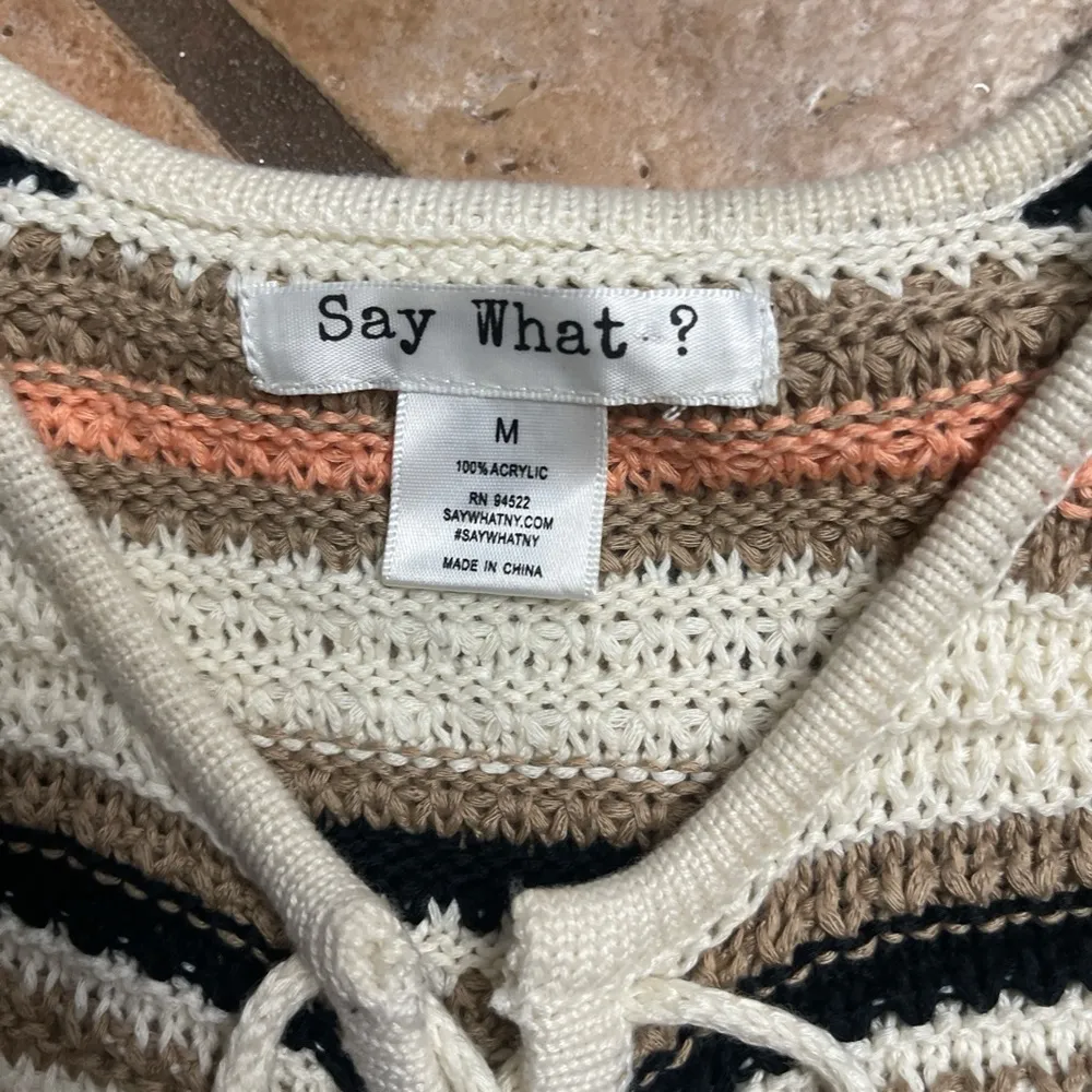 Say what? Cream and brown striped crochet dress with lace up detail size… - Image 4