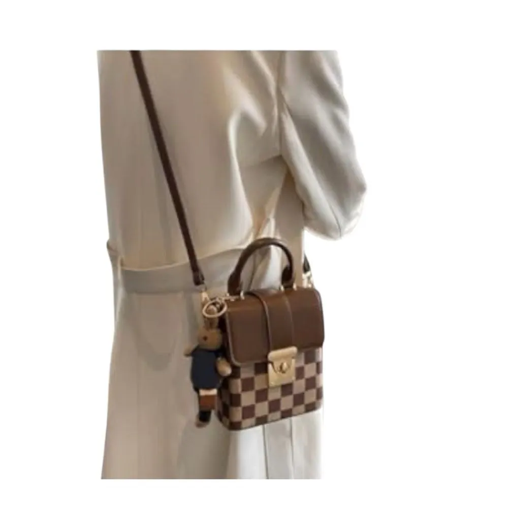 Elegant Brown Checkered Crossbody Bag NWT Brown - Image 8
