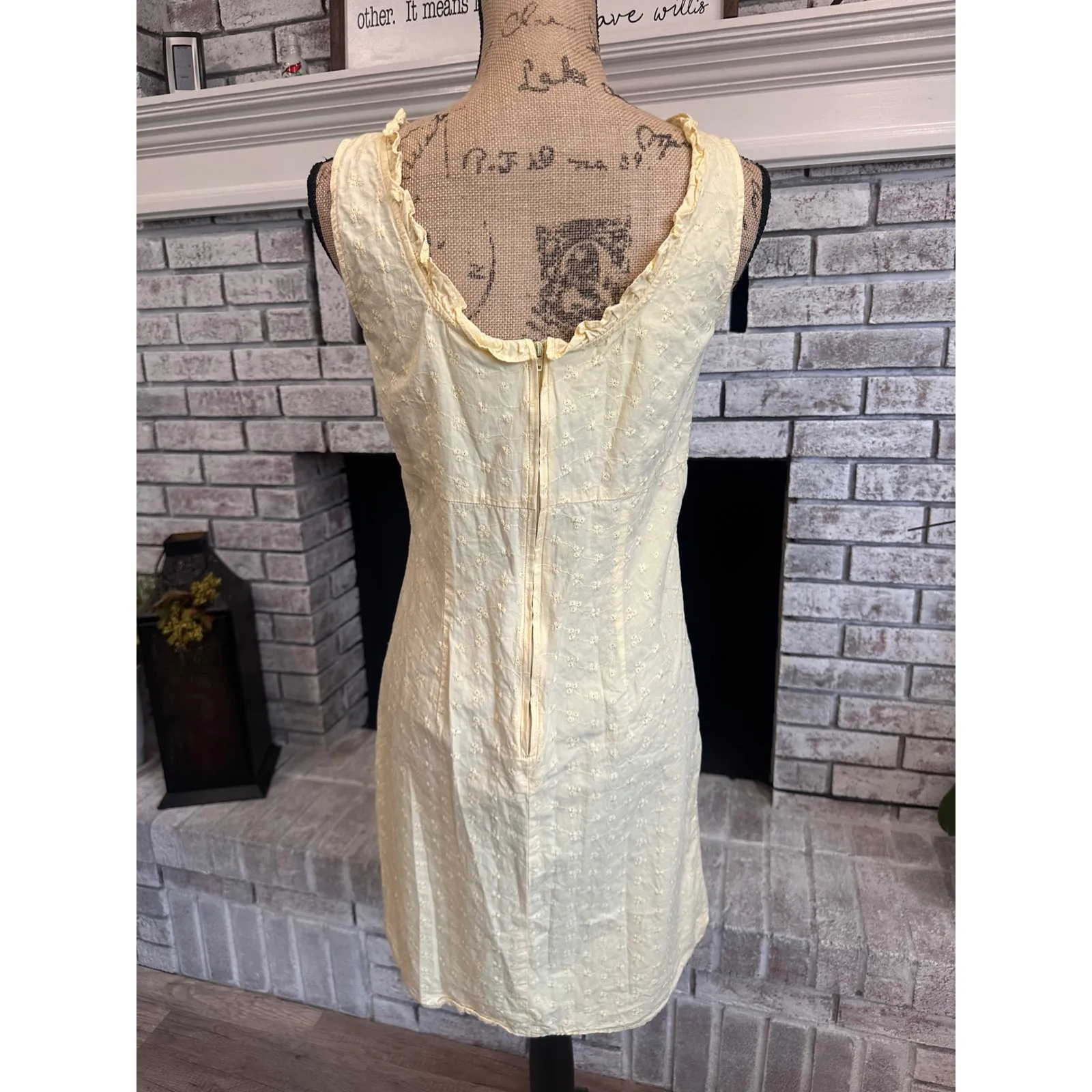Y2K Faded Glory Yellow Eyelet Lace Up A Line Dress Women's Size 8 Cotton - Image 3
