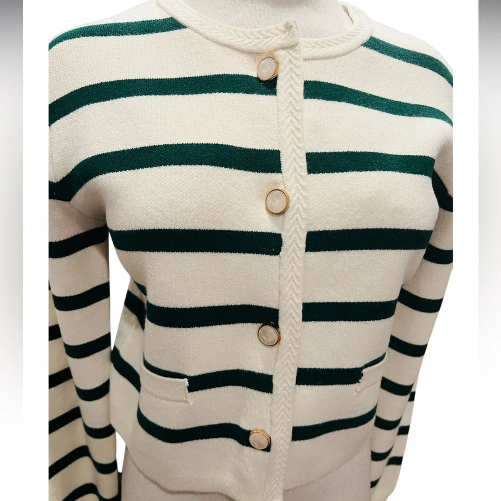 Scotch & Soda Amsterdam Ivory With Green Striped Button-Up Cardigan Size XS NWT - Image 3