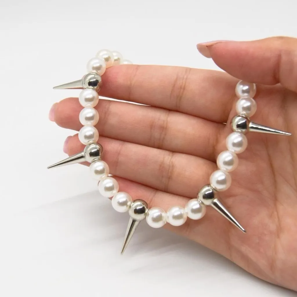 Pearl and Spike Charm Necklace Silver - Image 2