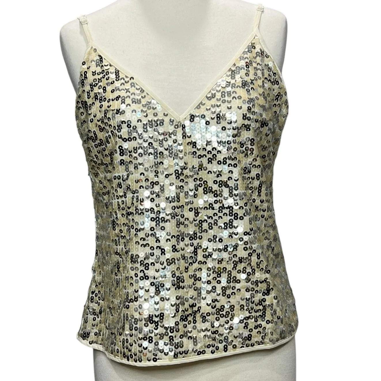 Goldie Twilight Camisole Top Womens M Silver Cream Sequin Sparkles Shimmer Glam - Image 2