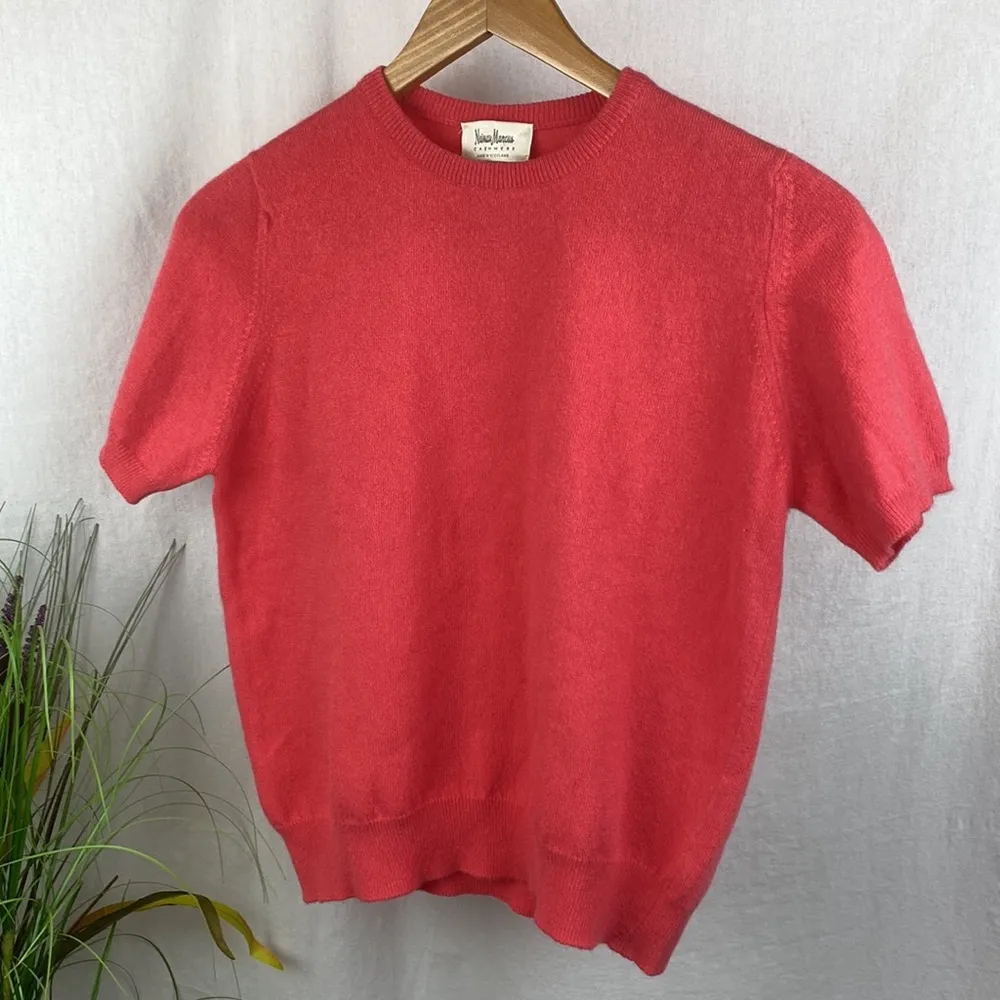 Neiman Marcus 100% Cashmere Orange Coral Short Sleeve Knit Sweater Top M - Image 4