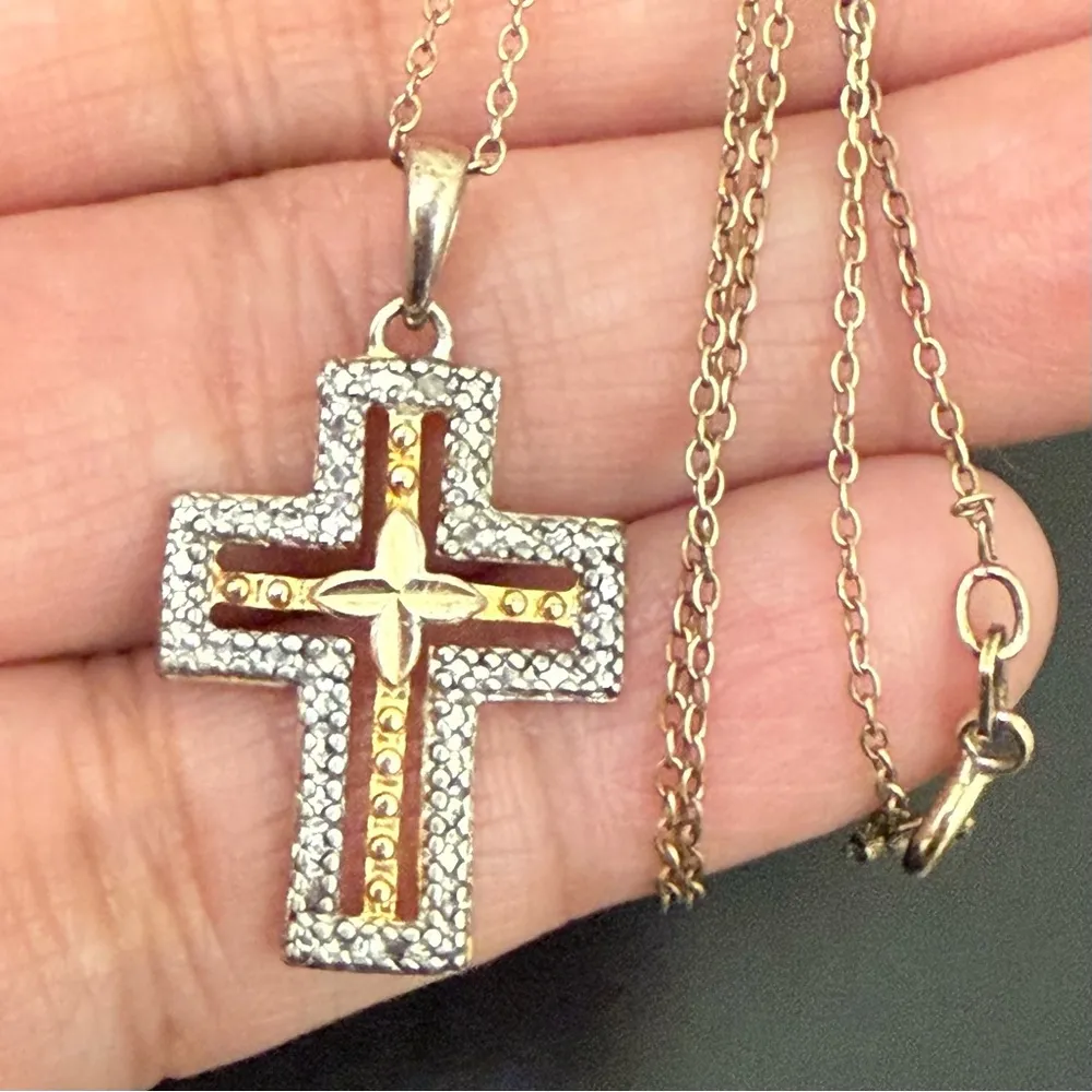 Vintage Ross Simons 925 China Vermeil Gold Over Silver Cross Pendant Necklace 2g - Image 4