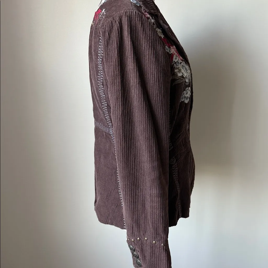 Calix Floral Embroidered Corduroy Jacket Brown Size L - Image 7