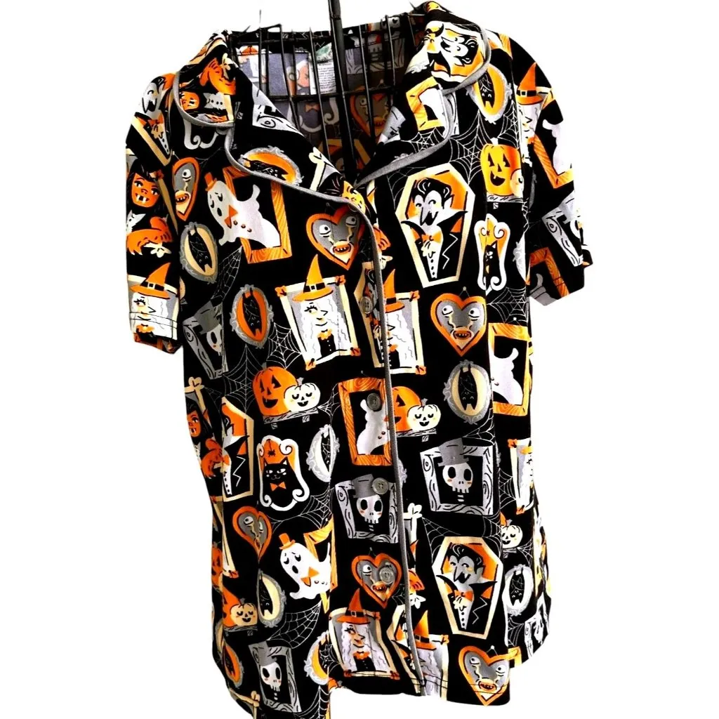 Munki Munki Halloween Pajama Top Large Short Sleeves Button Werewolf Witch Ghost - Image 6