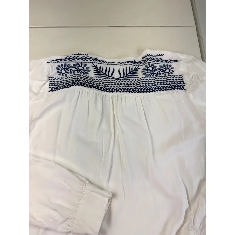 Saint Tropez West Embroidered Blouse Top White Blue Long Sleeve Boho Medium - Image 9