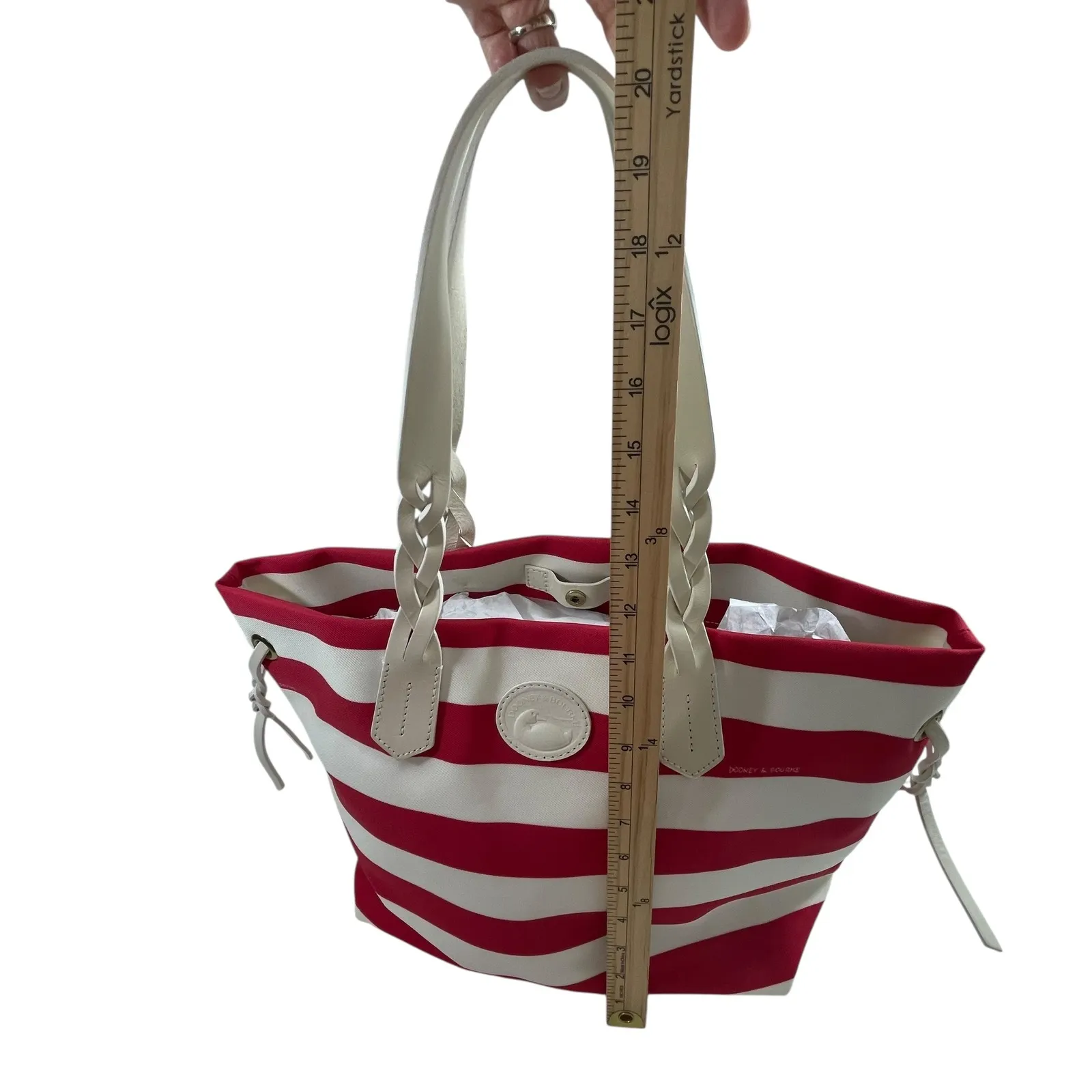Dooney & Bourke Red White Striped Sullivan Tote Bag - Leather‎ Braided Handles - Image 4