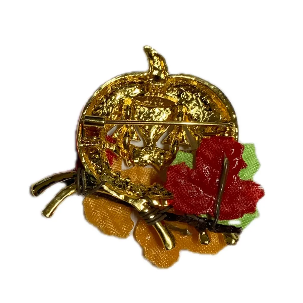 Vintage Halloween Pumpkin Brooch with Autumn Leaves – Rhinestone Eyes – Fall Pin Gold - Image 3