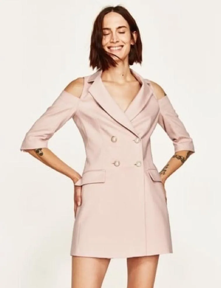 Zara Cold Shoulder Openings Pearl Buttons Blazer Dress Pink Size M NEW - Image 6