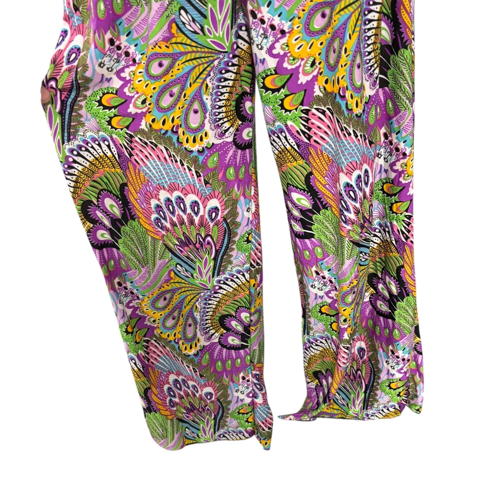 Womens Vibrant Abstract Print Jumpsuit Wide Leg Smocked Waist V Neck Boho L Purple Size L - Image 4