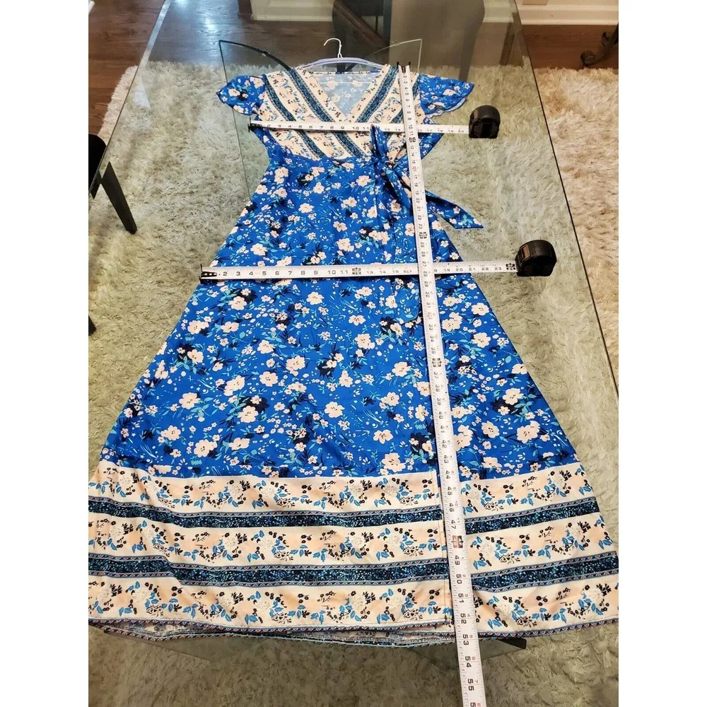 Womens Multi Floral Cotton Wrap V Neck Casual Short Sleeve Long Maxi Dress M Size M - Image 9