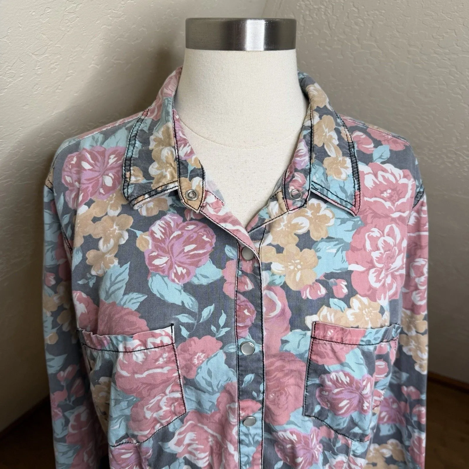 Vintage Mossimo Pearl Snap Shirt Womens XXL Cotton Pink Floral Western Y2k - Image 3