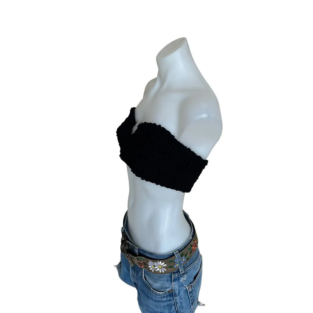 NBD Black Bandeau Crop Top LARGE Cropped Smocked Textured Strapless Bullring NEW - Image 2