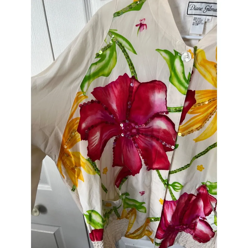Vintage Diane Gilman 3X Floral Hand-Painted Sequin Jacket 100% Silk Lightweight - Image 3