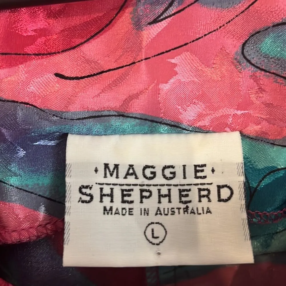 Vintage Satin Top Large Pink Floral Asymmetrical Button Down Artsy Maximalist Pj Blue - Image 10