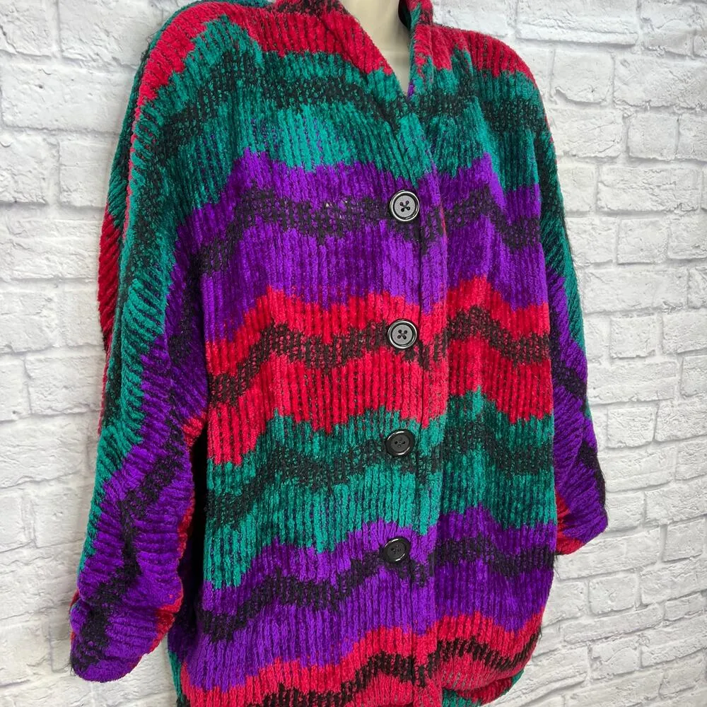 Vintage 90s Chevron Stripe House Jacket Bight Size M Cardigan Purple Teal Chunky - Image 3
