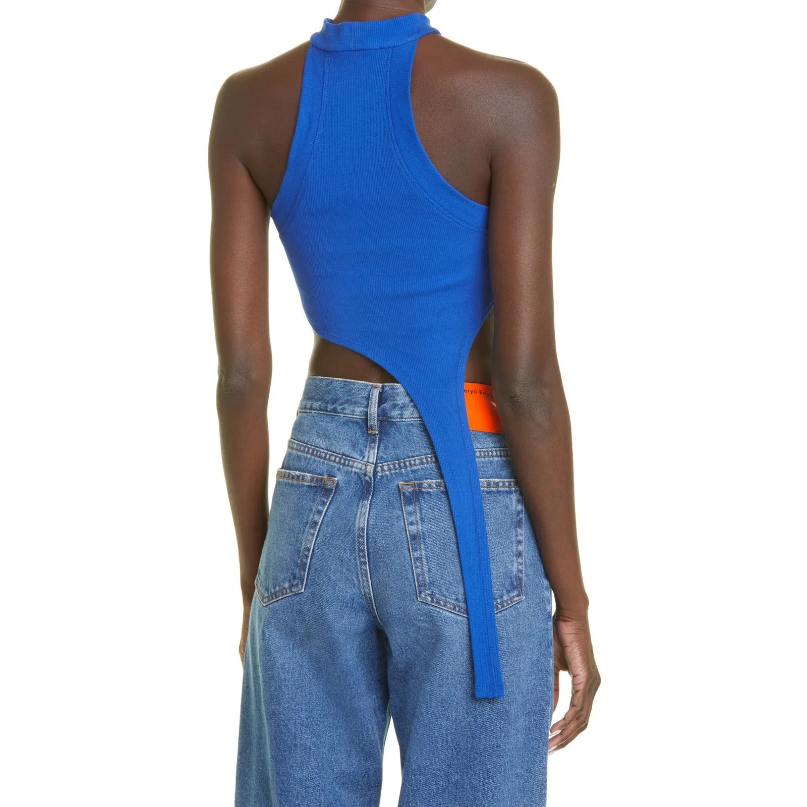 K.ngsley Bright Blue Race Her Ribbed Asymmetrical Cropped Halter Tank Top Small - Image 2