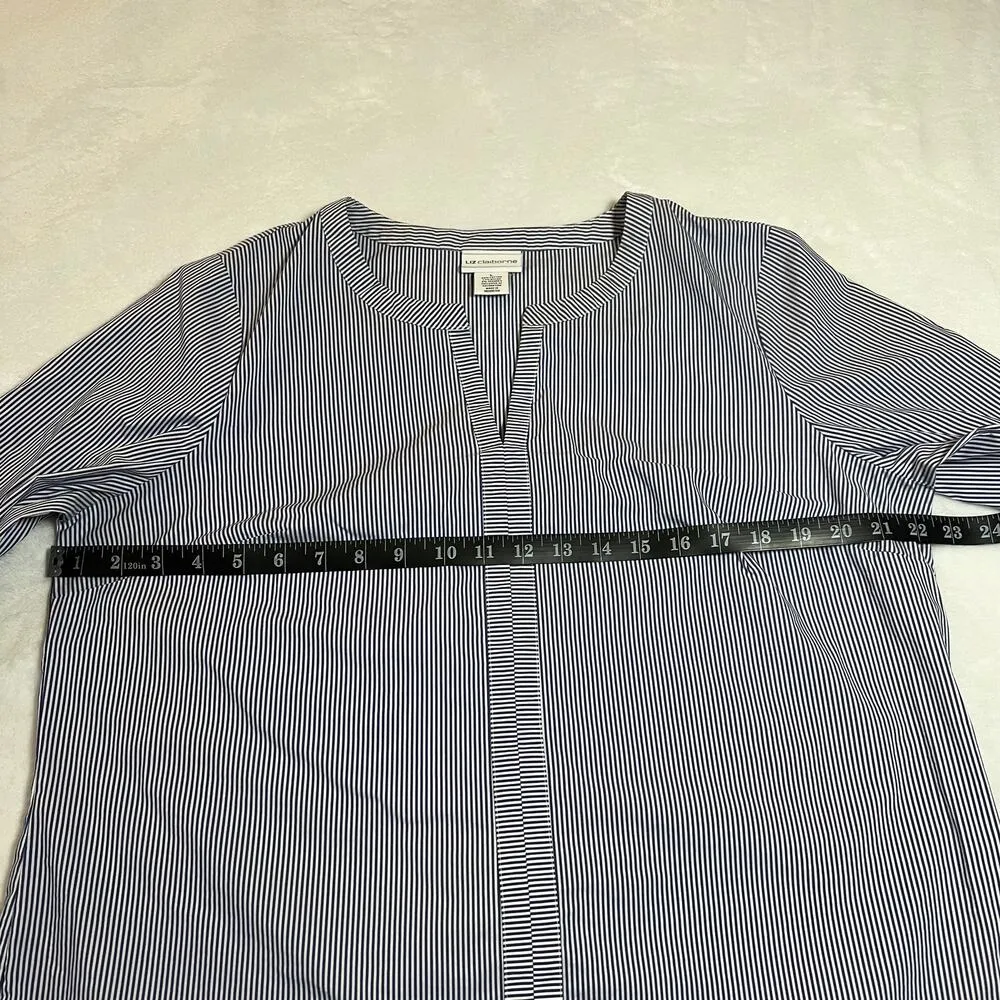 Liz Claiborne Split Neck Stripe Popover Blouse Size L Embroidered Floral Coastal - Image 7