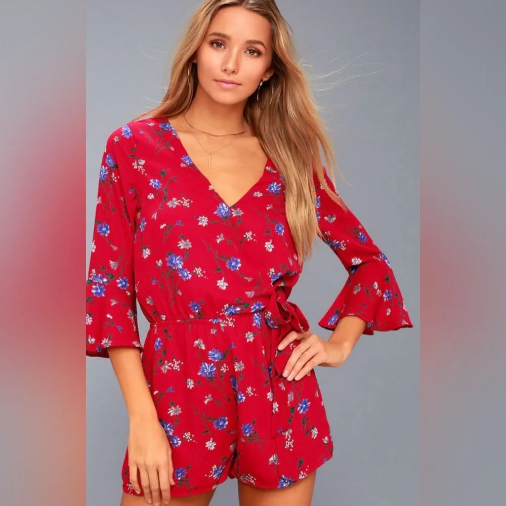 Lulus Bronwen Red Floral Print Flounce Sleeve Romper - Image 2