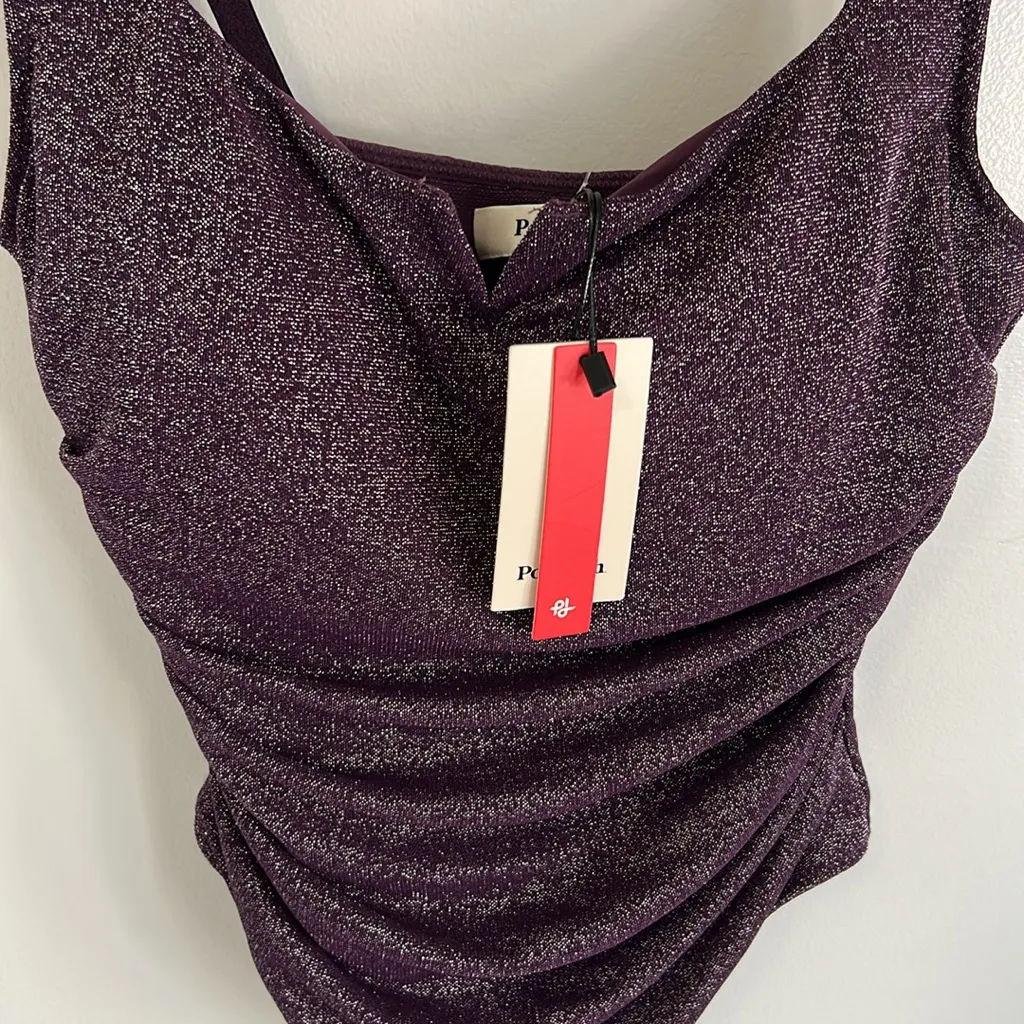 Popilush Shapewear Ruched Metallic Knit Square Neck Bodysuit Purple Size M - Image 8