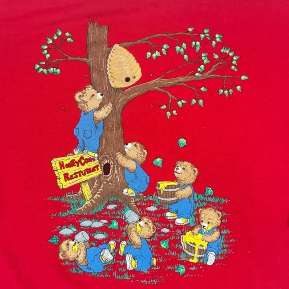 Vintage Teddy Bear Sweatshirt Collared Neck Whimsical Honey Bear Graphics XXL Red - Image 2