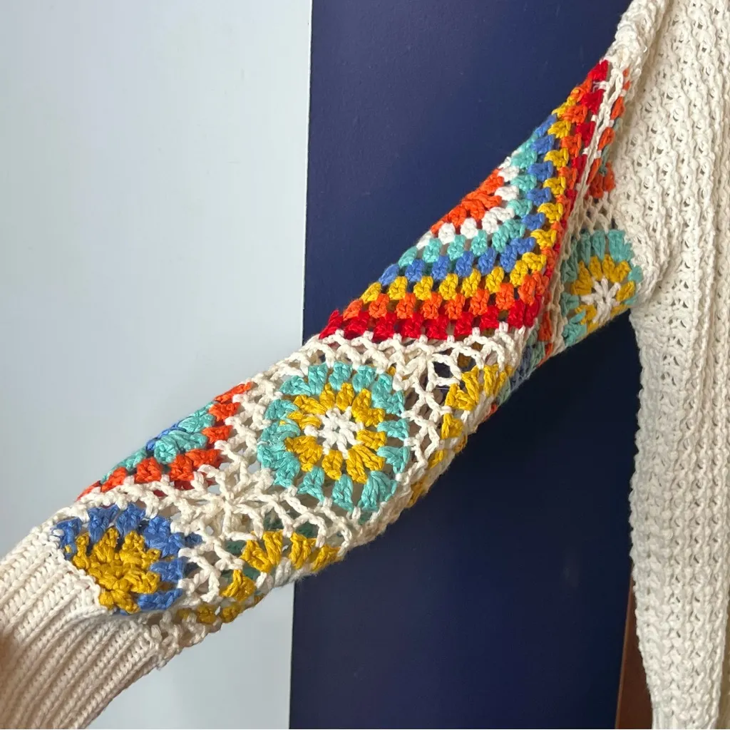 Dreamers by Debut Crochet Square Cardigan Ivory Boho Granny Knit Sweater M/L White Size L - Image 5